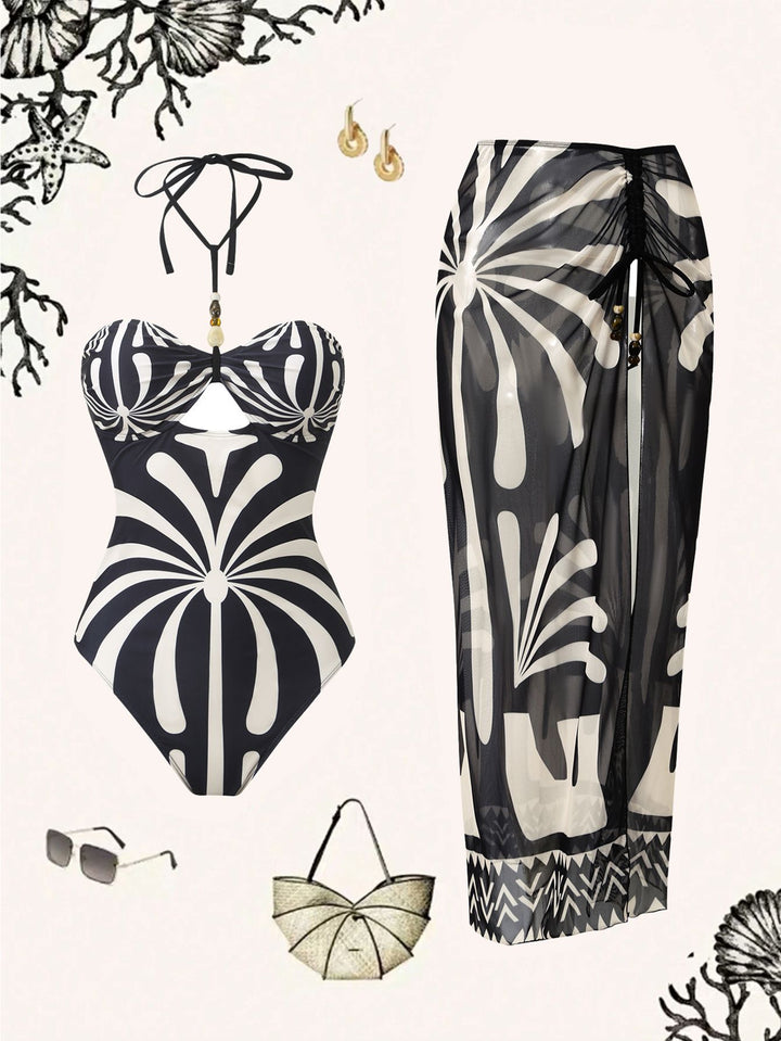 Ladies Elegant Bandeau Swimsuit with Matching Transparent Long Skirt Mune Fashion