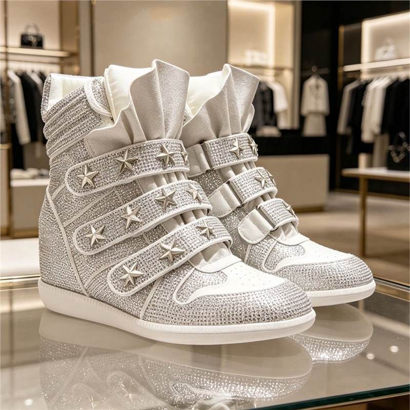 Ladies Wedge Sneakers with Hidden Heel, Rhinestone Trim and Star Studs Mune Fashion