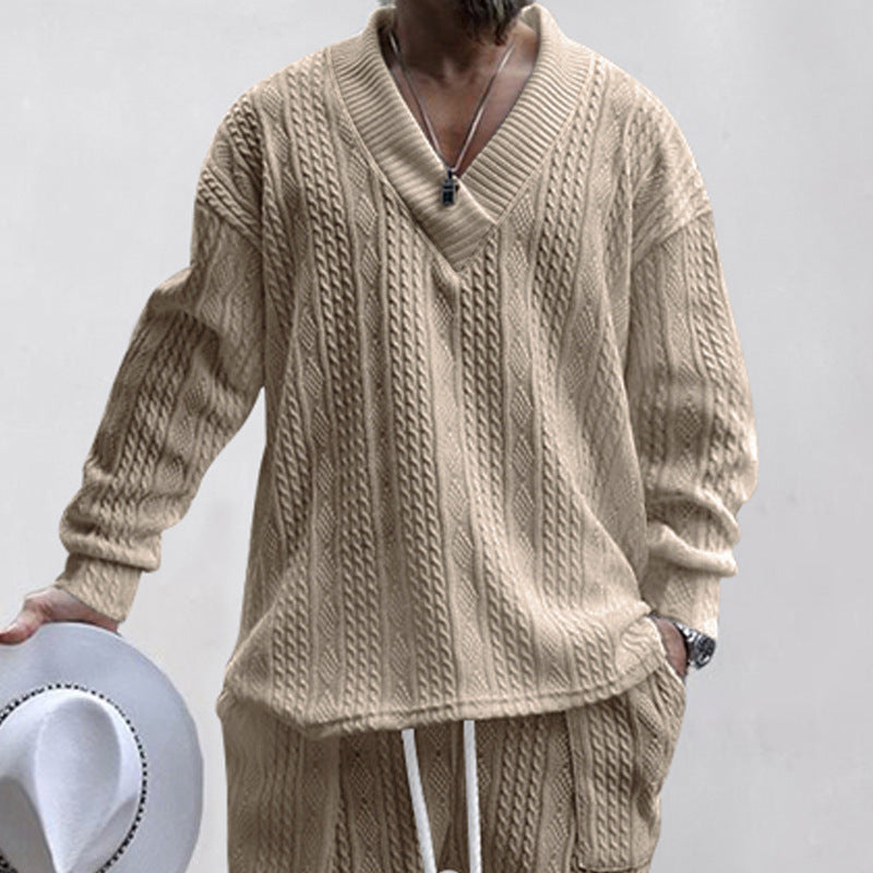 Men's cable knit set with deep V-neck and drawstring joggers Mune Fashion