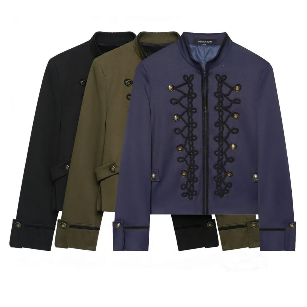 Women's Cropped Military Jacket with Standing Collar and Decorative Cord Application Mune Fashion
