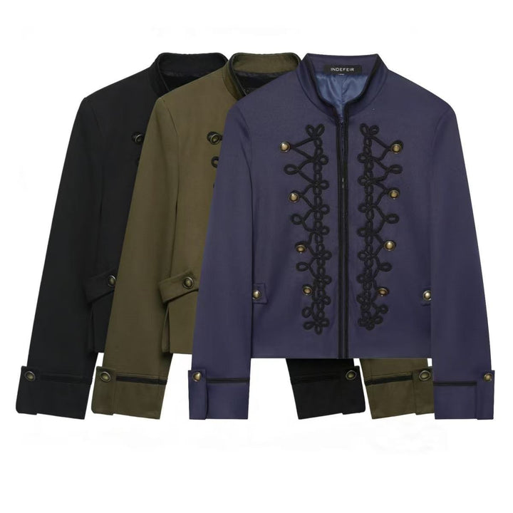 Women's Cropped Military Jacket with Standing Collar and Decorative Cord Application Mune Fashion