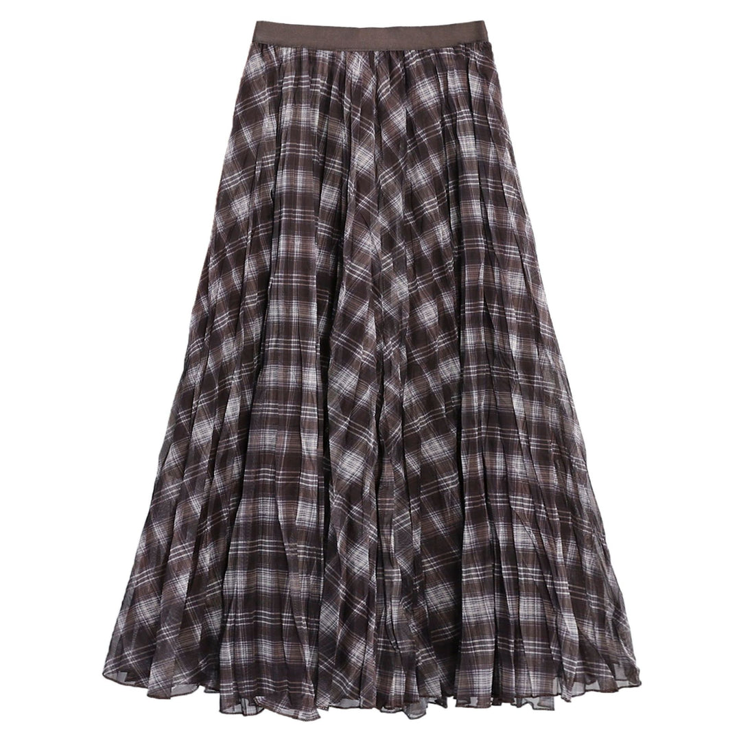 Women's pleated checked layered midi skirt with elasticated waistband and multi-layered chiffon structure Mune Fashion