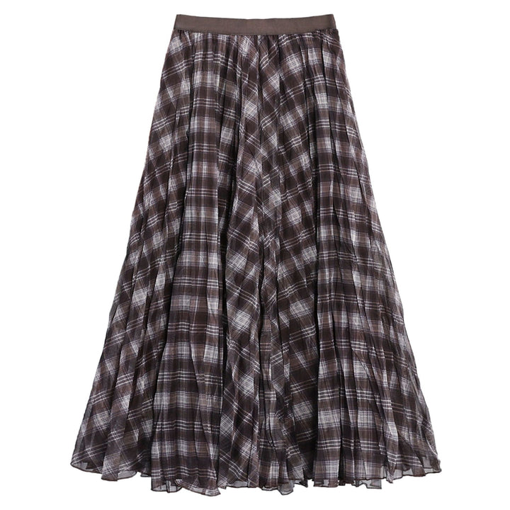 Women's pleated checked layered midi skirt with elasticated waistband and multi-layered chiffon structure Mune Fashion