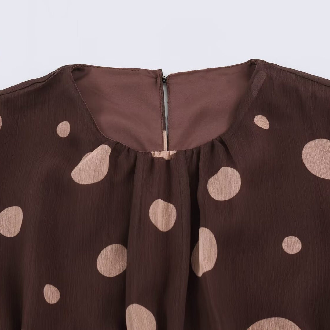 Women's Tiered Chiffon Midi Dress with Ruffles, Transparent Balloon Sleeves and Polka Dot Print Mune Fashion