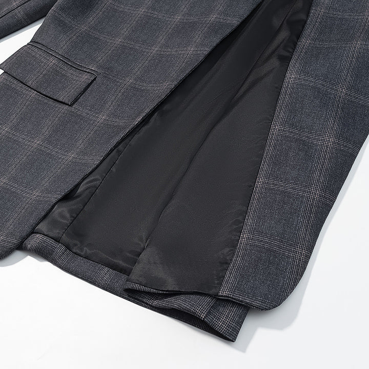 Men's Checked Stand Collar Blazer with Asymmetrical Button Placket and Patching Pockets Mune Fashion