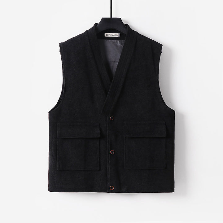 Men's cord waistcoat with V-neck, stand-up collar, and large flap pockets Mune Fashion