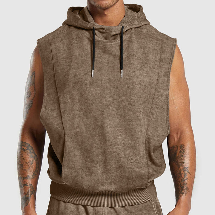 Men's sleeveless hoodie in stone-wash look with deep armholes and ribbed hem Mune Fashion