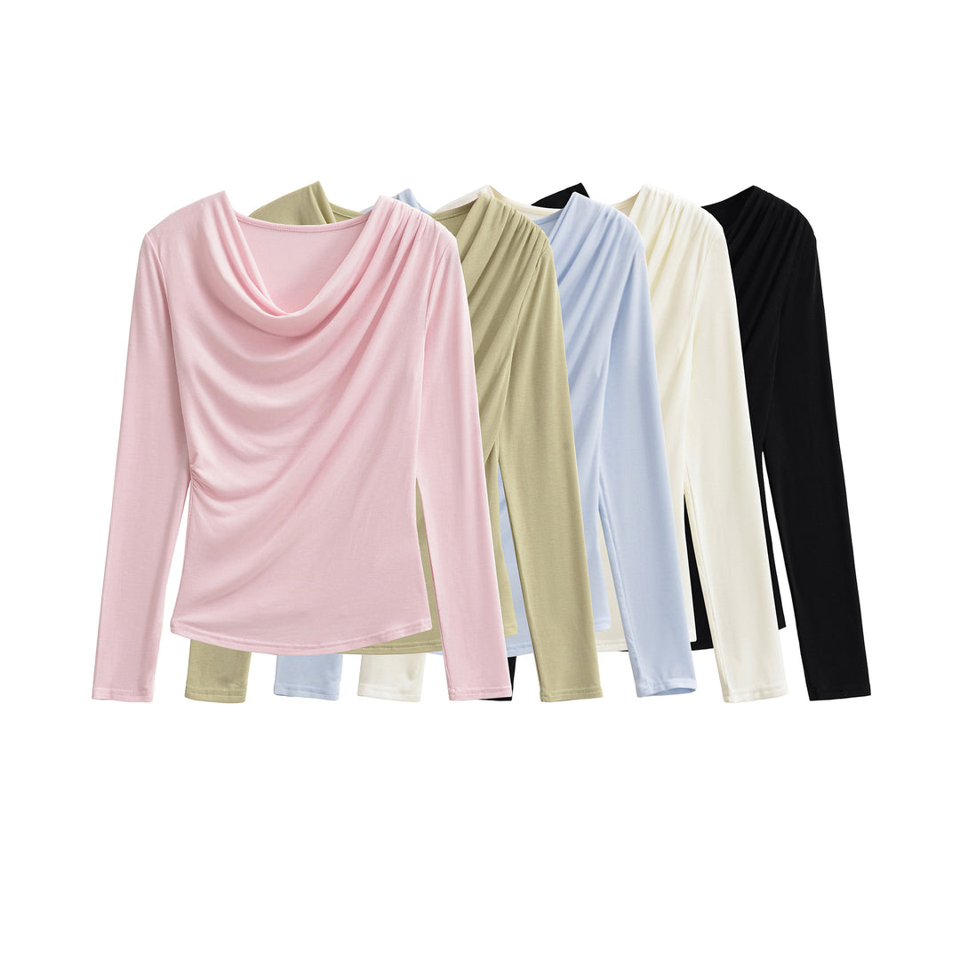 Women's Waterfall Collar Long Sleeve Shirt with Draping and Tailored Wrap Look Mune Fashion