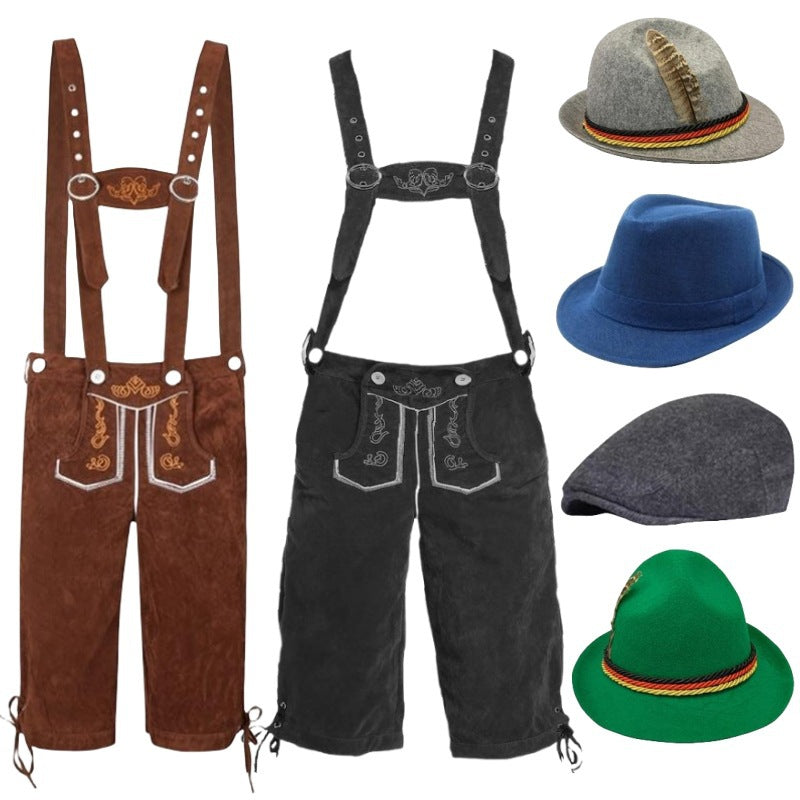 Men's Trachten leather shorts knee-length with adjustable suspenders and felt hat Mune Fashion