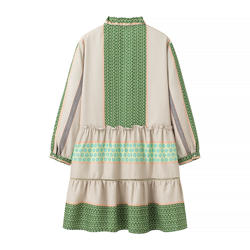 Ladies Printed Midi-Length Coat Dress with Ruffle Collar and Tiered Skirt Mune Fashion