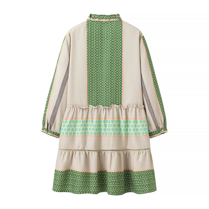 Ladies Printed Midi-Length Coat Dress with Ruffle Collar and Tiered Skirt Mune Fashion
