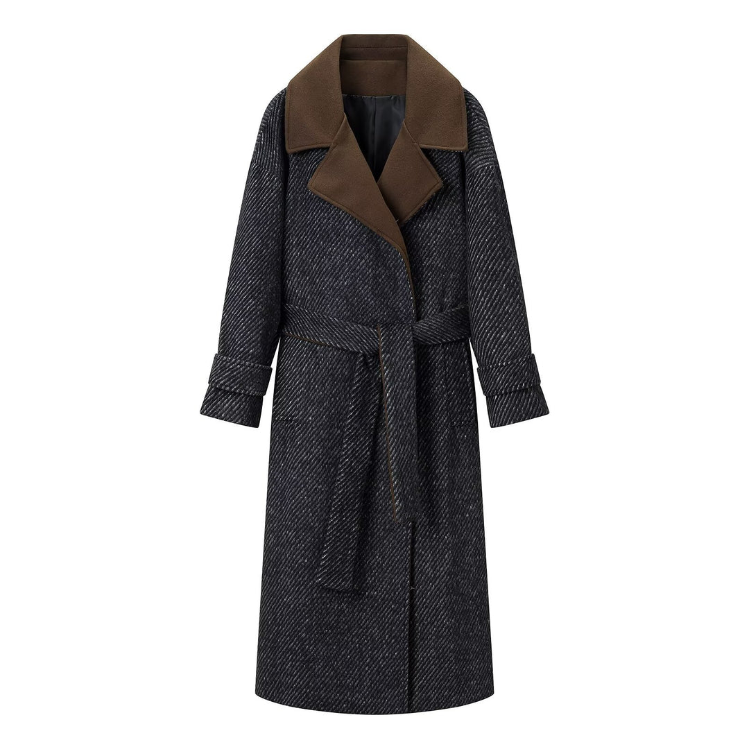 Women Long Wool Herringbone Coat with Tie Belt and Large Notched Collar Mune Fashion