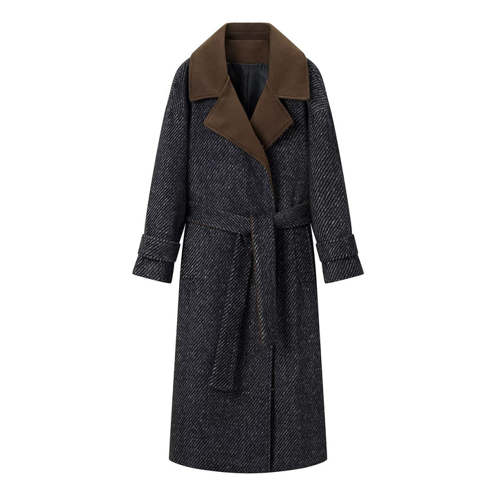 Women Long Wool Herringbone Coat with Tie Belt and Large Notched Collar Mune Fashion