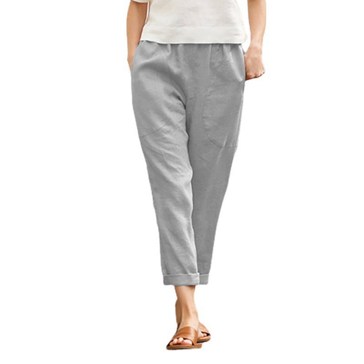 Women's light linen pants with elastic waistband, side pockets, and rolled hem Mune Fashion