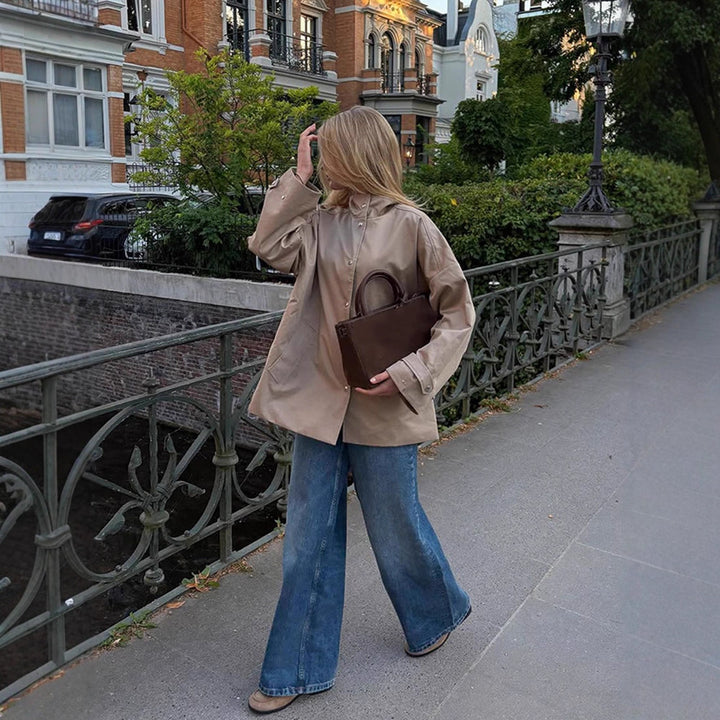 Women's oversized short coat in trench look with boxy silhouette and concealed snap button placket Mune Fashion