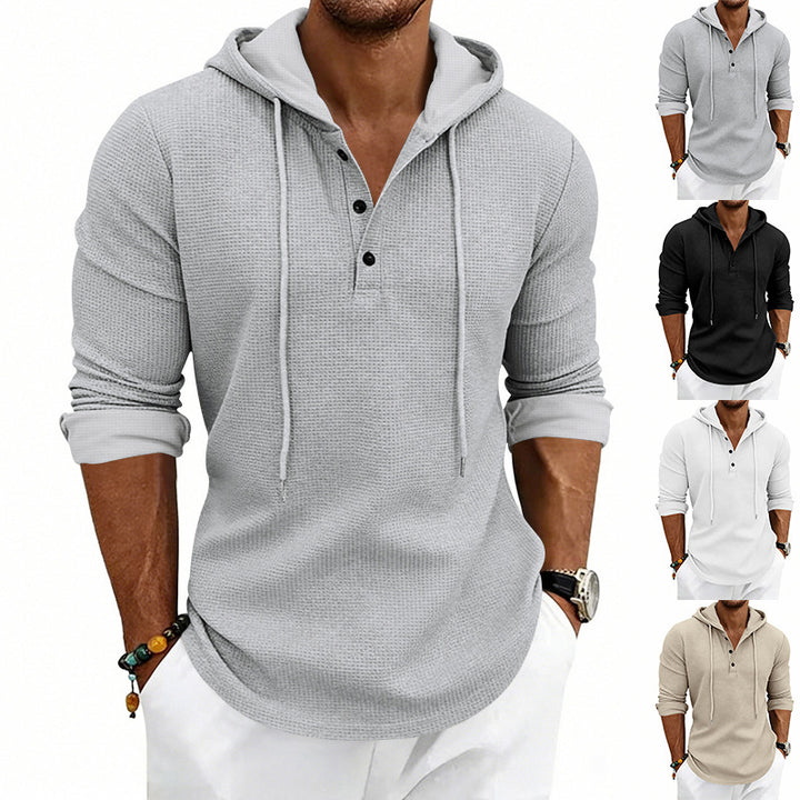 Men's casual waffle knit Henley hoodie with button placket Mune Fashion