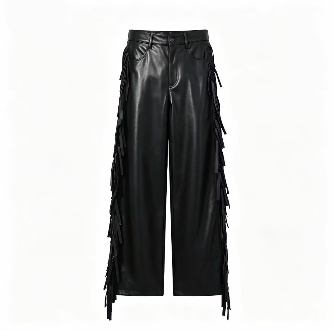 Women's Wide Faux Leather Culotte with Side Fringes Mune Fashion