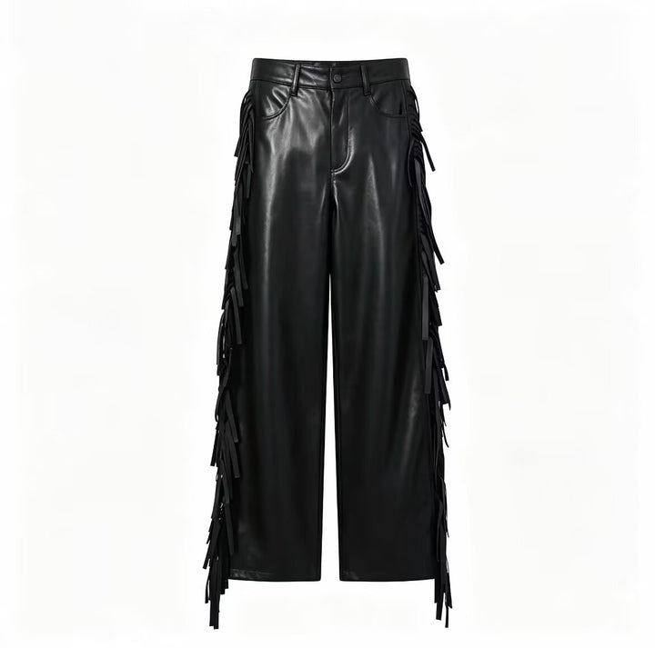 Women's Wide Faux Leather Culotte with Side Fringes Mune Fashion