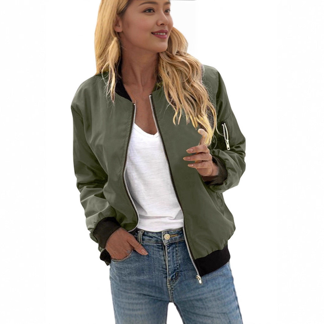 Ladies Lightweight Bomber Jacket with Zipper Ribbed Cuffs and Arm Pocket Mune Fashion