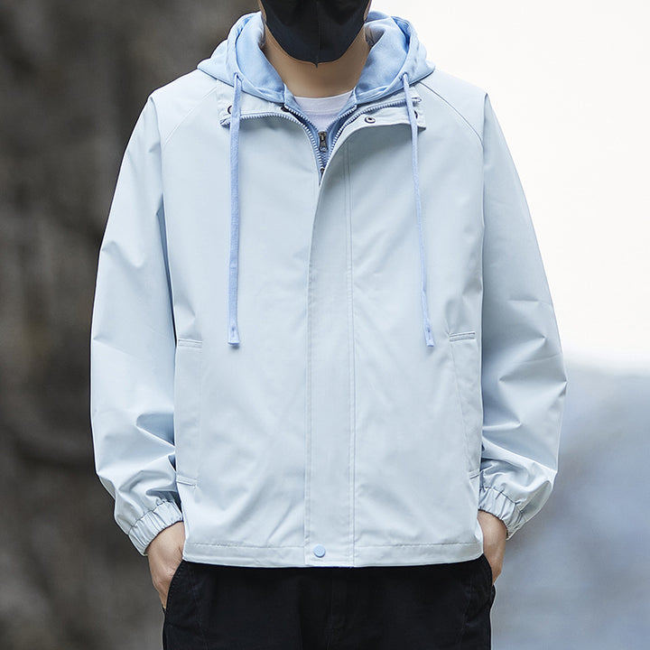 Men's Lightweight Hooded Rain Jacket in Bomber Style with Concealed Zipper and Elastic Cuffs Mune Fashion