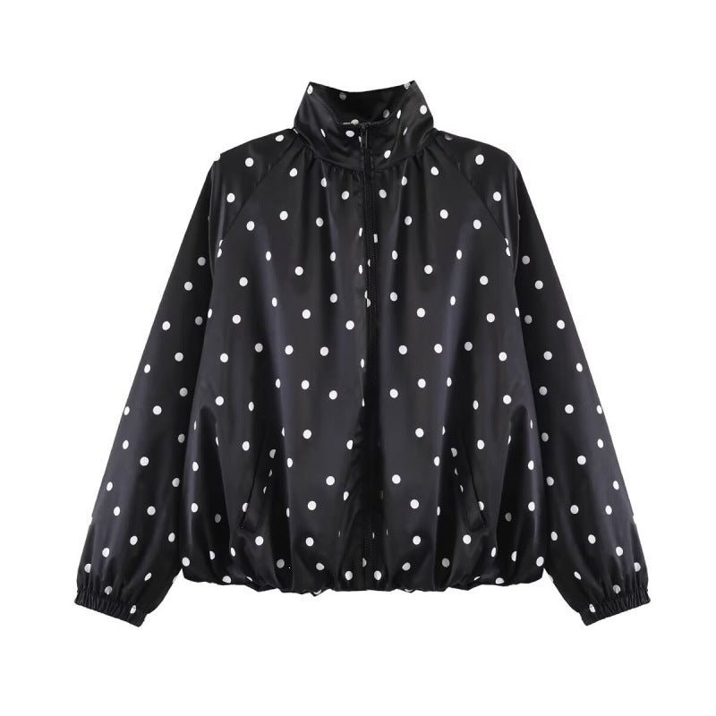 Women's Dotted Lightweight Bomber Jacket with Stand Collar, Zipper and Elastic Hem Mune Fashion