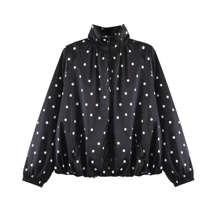 Women's Dotted Lightweight Bomber Jacket with Stand Collar, Zipper and Elastic Hem Mune Fashion