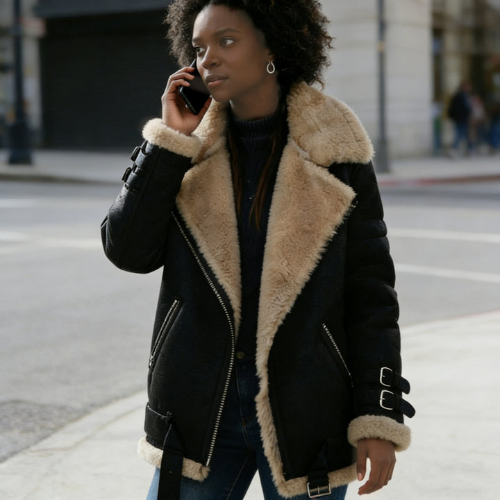 Ladies fluffy biker jacket with teddy lining and buckle trim Mune Fashion