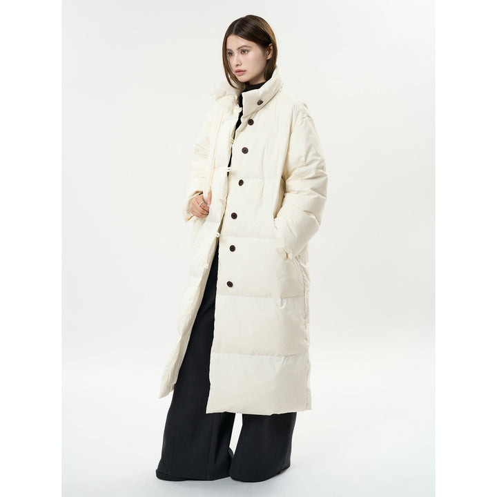 Women's Longer Quilted Down Look Coat with High Stand-Up Collar and Button Toggle Closure Mune Fashion