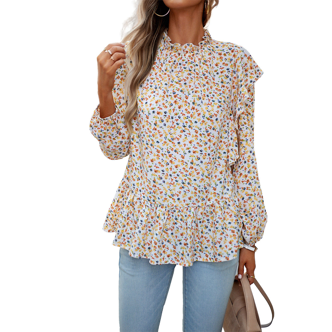 Women’s floral chiffon blouse with gathered standing collar, ruffle shoulders, and fitted layered hem Mune Fashion