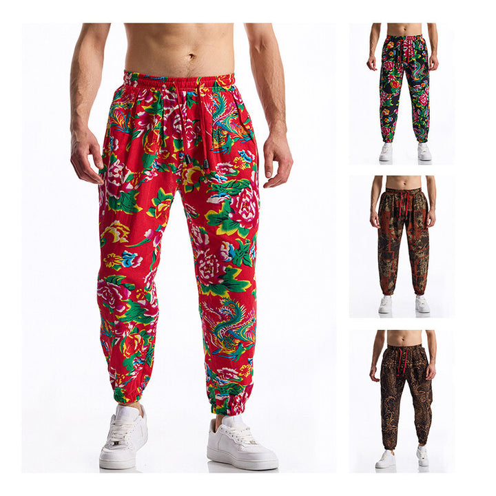 Men's Floral Printed Relaxed-Fit Jogging Pants with Elastic Waistband and Drawstring Mune Fashion