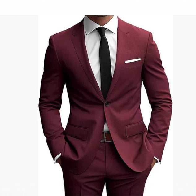 Men's fitted one-button suit set with notched lapels, French flap pockets, and slight stretch content Mune Fashion
