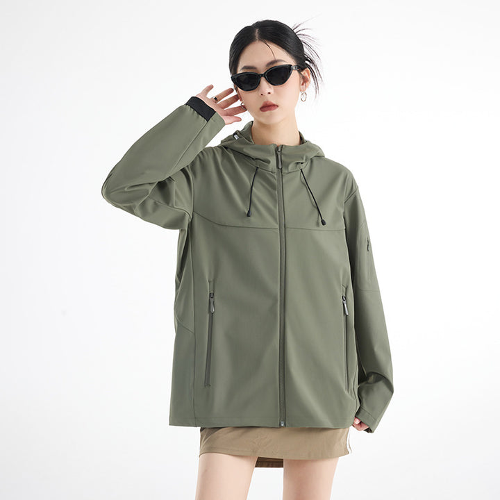 Women's Breathable Softshell Rain Jacket with Hood, Windproof and Minimalist Tech Look Mune Fashion
