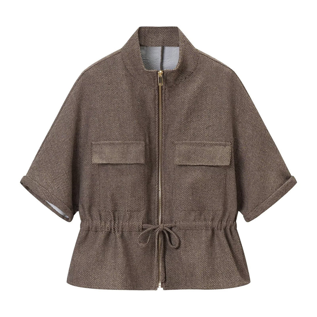 Women's short-sleeved tailored transition jacket with zipper, drawstring, and patch chest pockets Mune Fashion