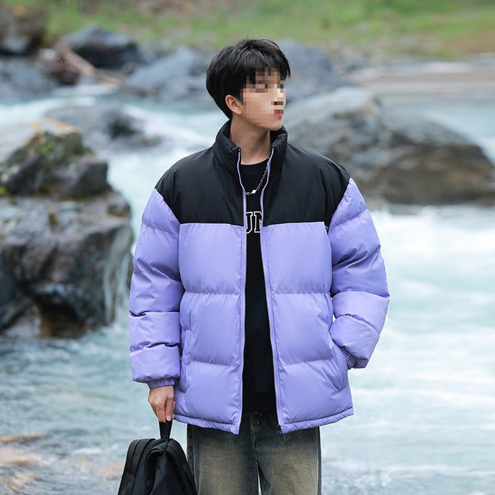 Men's Oversized Quilted Jacket with Colorblock Shoulder, High Stand Collar & Windproof Padding Mune Fashion