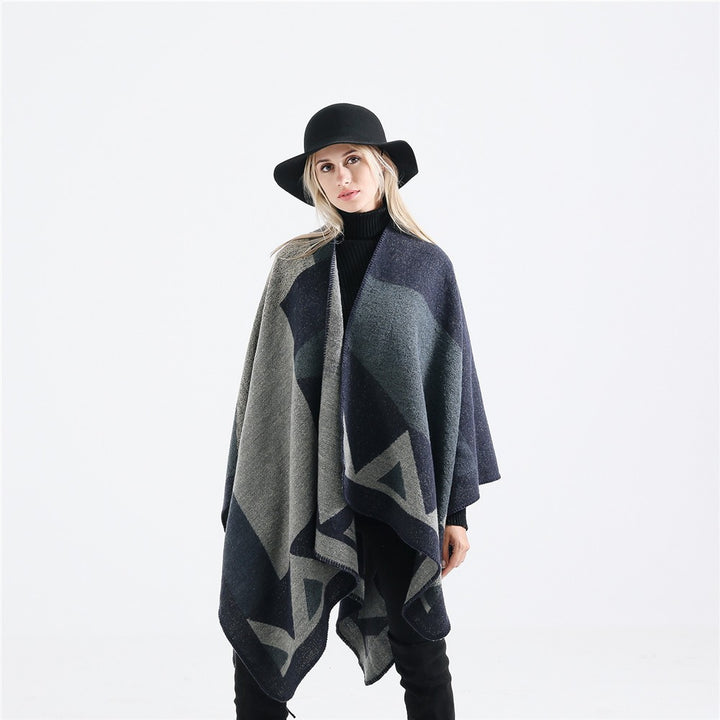Women's wool triangular motif poncho with open front and decorative overlock seam Mune Fashion