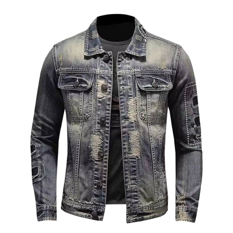 Men's vintage jeans jacket with used effects, destroyed details, and applied chest pockets Mune Fashion