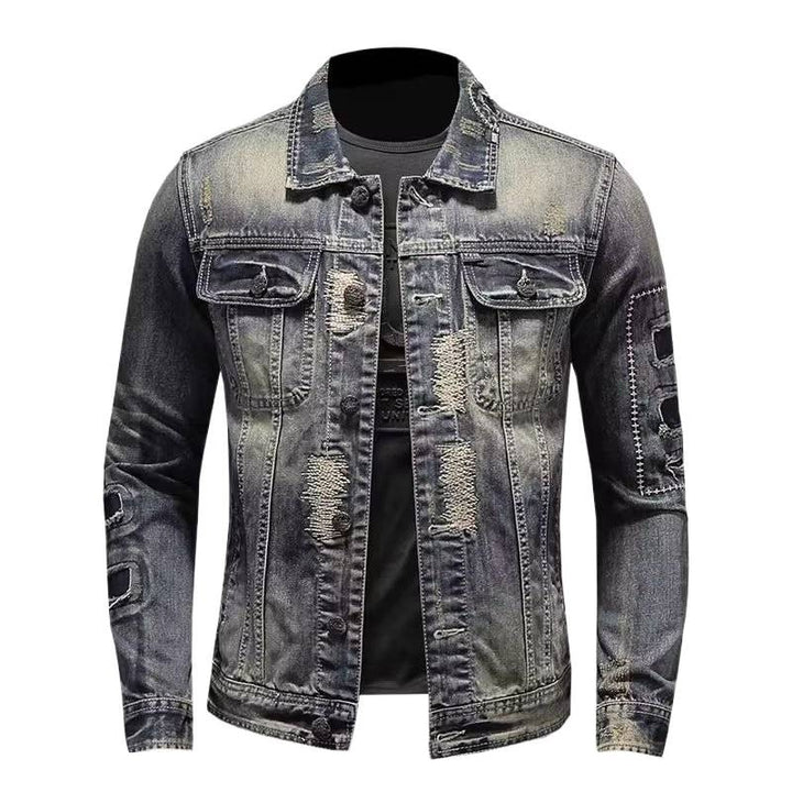 Men's vintage jeans jacket with used effects, destroyed details, and applied chest pockets Mune Fashion