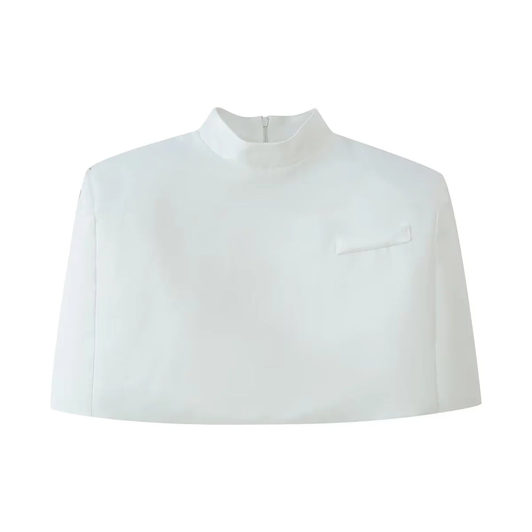 Women nan short Capelet top with stand collar, concealed back zipper and minimalist chest panel Mune Fashion