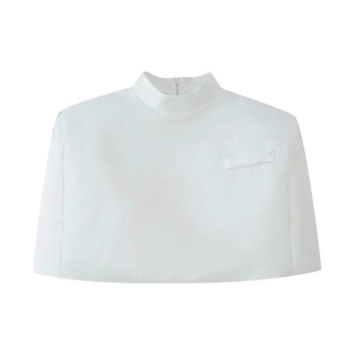 Women nan short Capelet top with stand collar, concealed back zipper and minimalist chest panel Mune Fashion