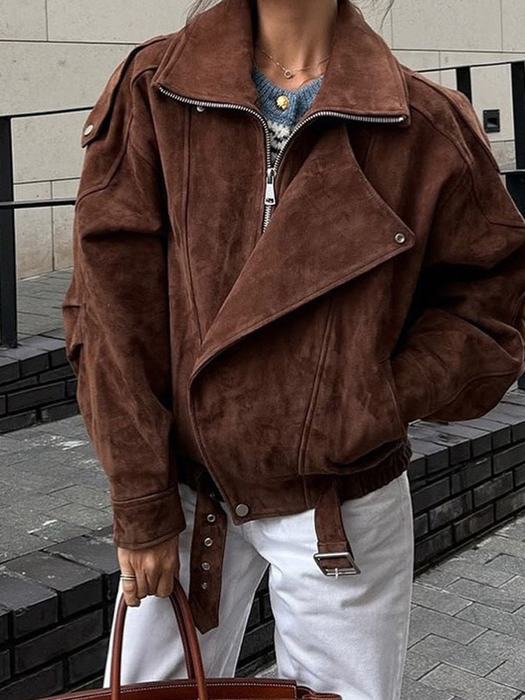 Women Short Velour Leather Bomber Jacket with High Stand-Up Collar and Waist Belt Mune Fashion