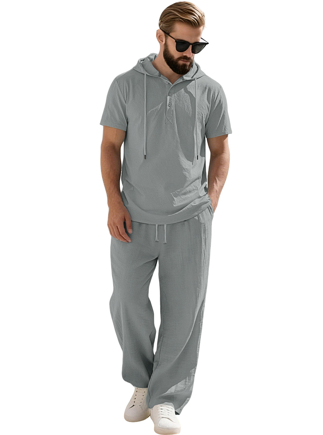 Men's casual short-sleeve hooded shirt in crinkled cotton blend with Henley button placket Mune Fashion