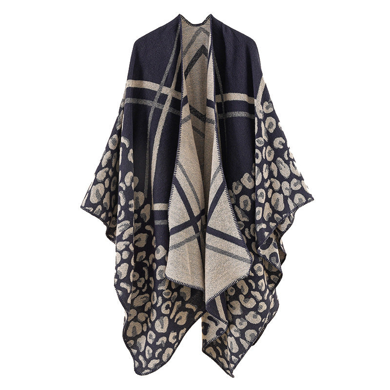 Women's Oversize Ruana Poncho with Jacquard mix, Leopard and check pattern Mune Fashion
