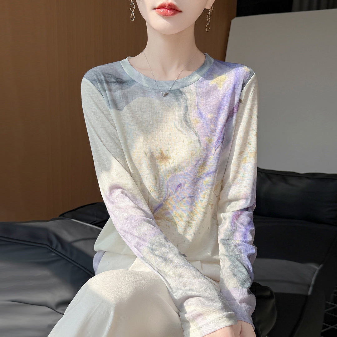 Ladies Lightweight Long Sleeve Shirt made of Viscose Mix with Watercolor Print and Round Neckline Mune Fashion