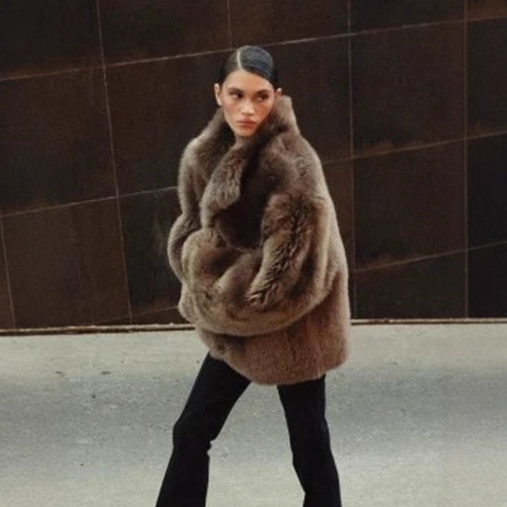 Women short coat made of luxurious faux fur with voluminous shawl collar and boxy silhouette Mune Fashion