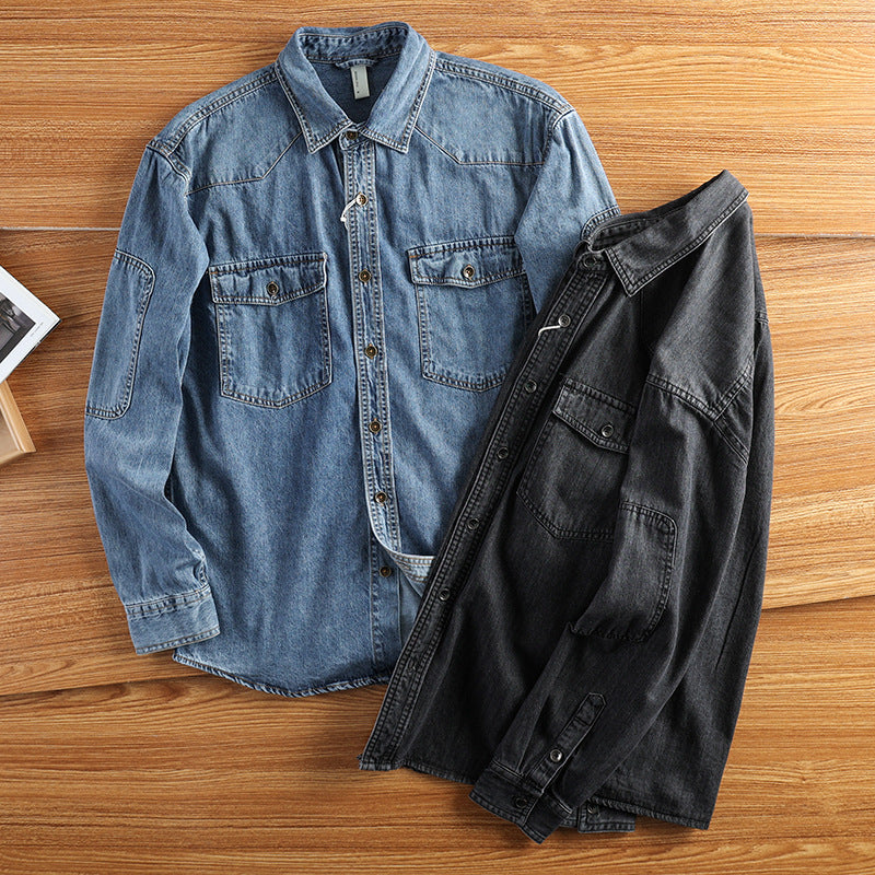 Men's Relaxed Denim Jacket with Flap Pockets, Reinforced Elbows and Visible Button Placket Mune Fashion