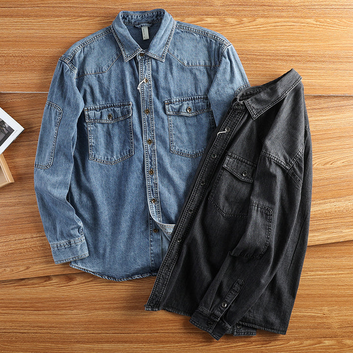 Men's Relaxed Denim Jacket with Flap Pockets, Reinforced Elbows and Visible Button Placket Mune Fashion