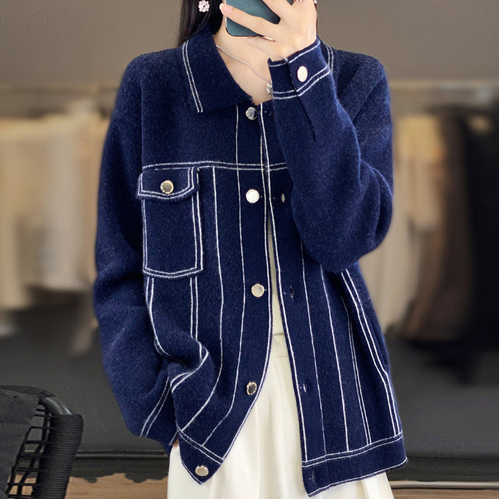 Women's Oversized Knit Jacket in Denim Jacket Look with Contrasting Seam Details and Chest Pocket Mune Fashion