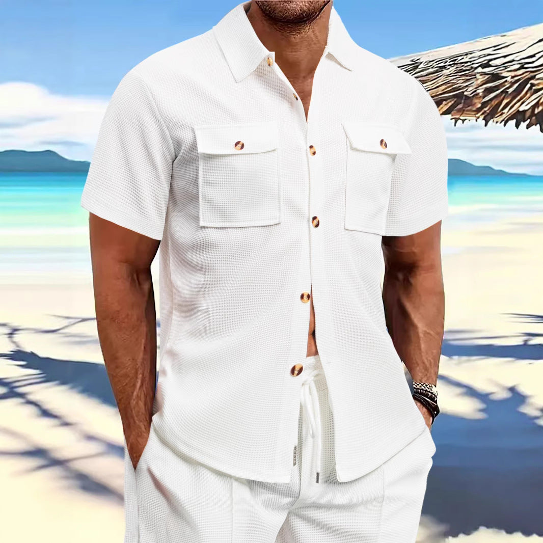 Men's structured waffle lounge set with shirt jacket, chest pockets and corded pants Mune Fashion