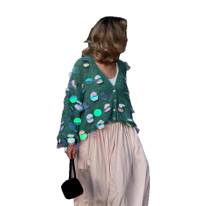 Women's Chunky Knit Mohair Cardigan with Oversized Sequins and Boxy Silhouette Mune Fashion