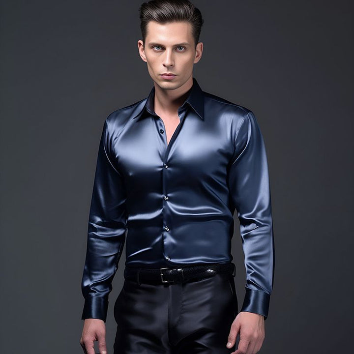 Men's Shirt Made Of Shiny Satin with Modern Collar Mune